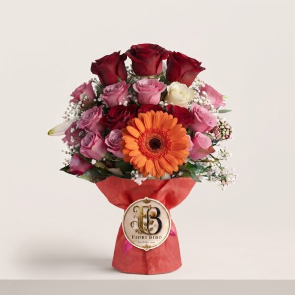 Bouquet Vivace con Gerbera Arancione e Rose – Fiori Bibo