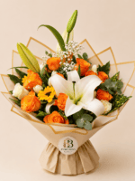Bouquet Elegante con Giglio Bianco e Rose Arancioni – Fiori Bibo