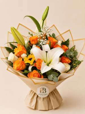 Bouquet Elegante con Giglio Bianco e Rose Arancioni – Fiori Bibo