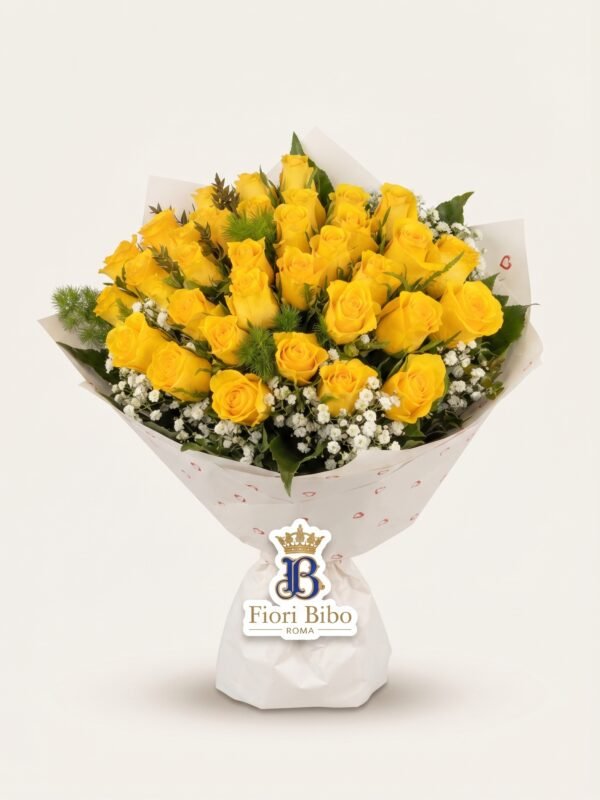 Bouquet "Sole di Roma" con Rose Gialle e Gypsophila – Fiori Bibo