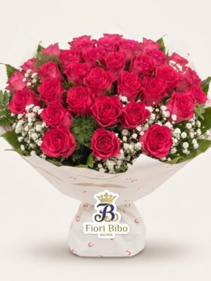 Bouquet "Passione Romana" con Rose Fucsia e Gypsophila – Fiori Bibo