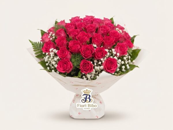 Bouquet "Passione Romana" con Rose Fucsia e Gypsophila – Fiori Bibo