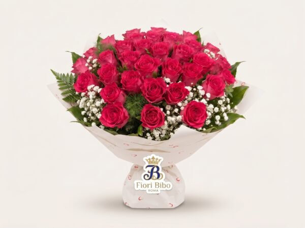 Bouquet "Rosso Eterno" con Rose Rosse e Gypsophila – Fiori Bibo