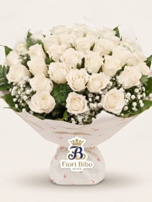 Bouquet "Bianca Purezza" con Rose Bianche e Gypsophila – Fiori Bibo