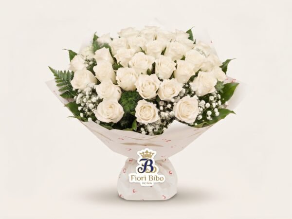 Bouquet "Bianca Purezza" con Rose Bianche e Gypsophila – Fiori Bibo