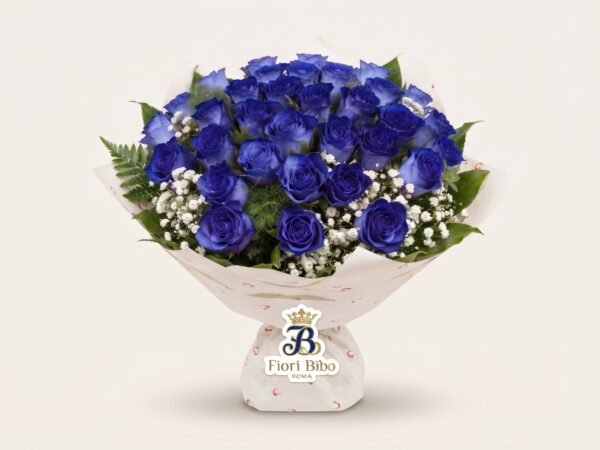Bouquet "Zaffiro Romano" con Rose Blu e Gypsophila – Fiori Bibo