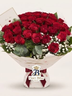 Bouquet "Rosso Eterno" Deluxe – Maxi Rose Rosse e Gypsophila – Fiori Bibo