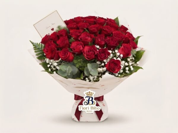Bouquet "Rosso Eterno" Deluxe – Maxi Rose Rosse e Gypsophila – Fiori Bibo