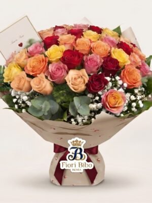 Bouquet "Sinfonia di Colori" Deluxe – Maxi Rose Miste e Gypsophila – Fiori Bibo