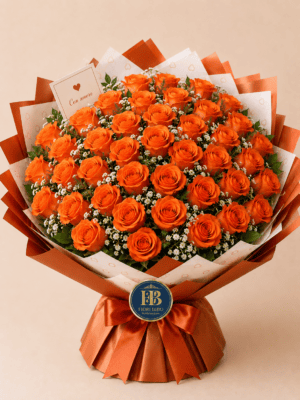 Bouquet "Arancio Vivace" – Rose Arancioni e Gypsophila – Fiori Bibo