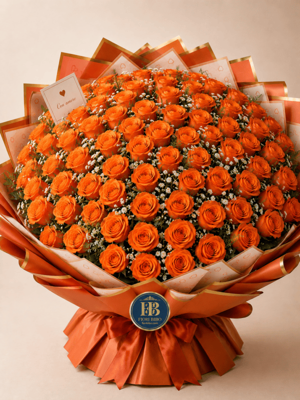 Bouquet "Arancio Vivace" – Rose Arancioni e Gypsophila – Fiori Bibo