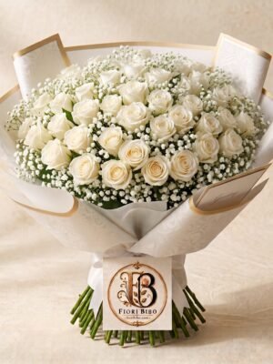 Bouquet "Bianca Purezza" – Rose Bianche e Gypsophila – Fiori Bibo