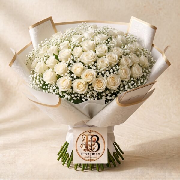 Bouquet "Bianca Purezza" – Rose Bianche e Gypsophila – Fiori Bibo
