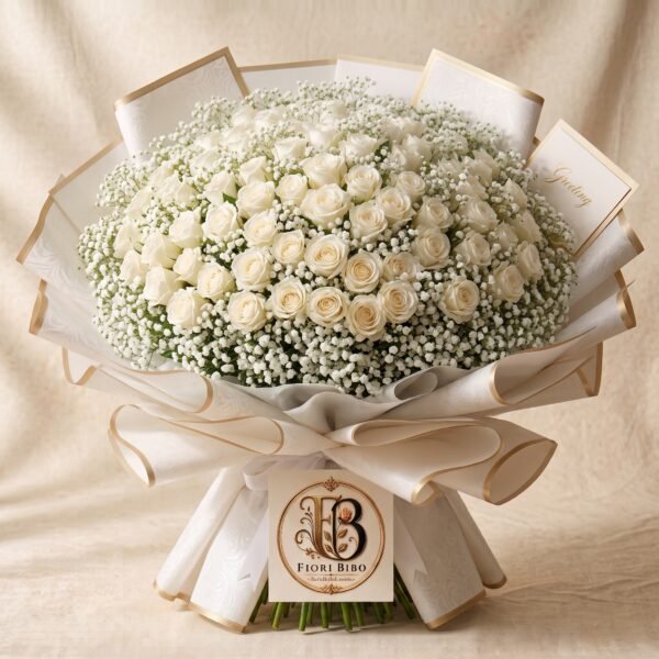 Bouquet "Bianca Purezza" – Rose Bianche e Gypsophila – Fiori Bibo