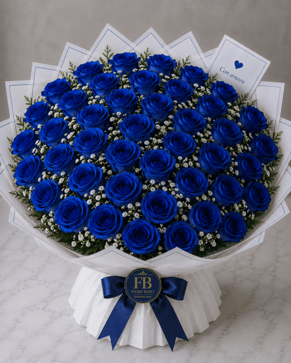 Bouquet "Notte Blu" – Rose Blu e Gypsophila – Fiori Bibo