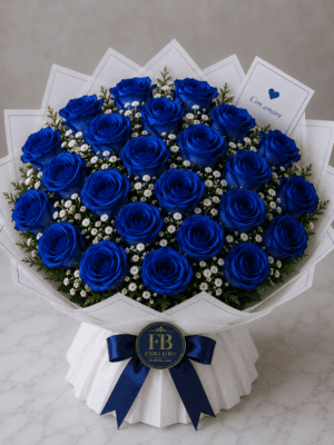 Bouquet "Notte Blu" – Rose Blu e Gypsophila – Fiori Bibo