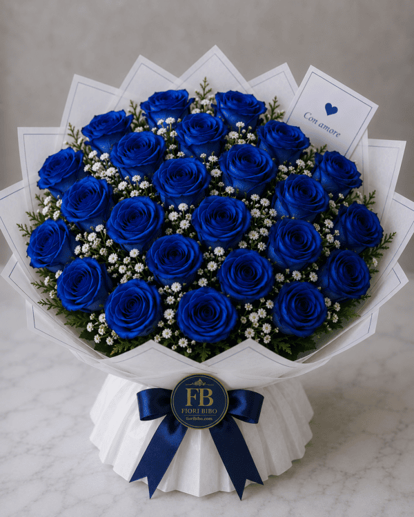 Bouquet "Notte Blu" – Rose Blu e Gypsophila – Fiori Bibo