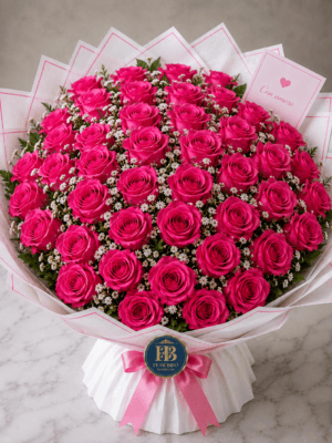 Bouquet "Fuxia Passion" – Rose Fuxia e Gypsophila – Fiori Bibo