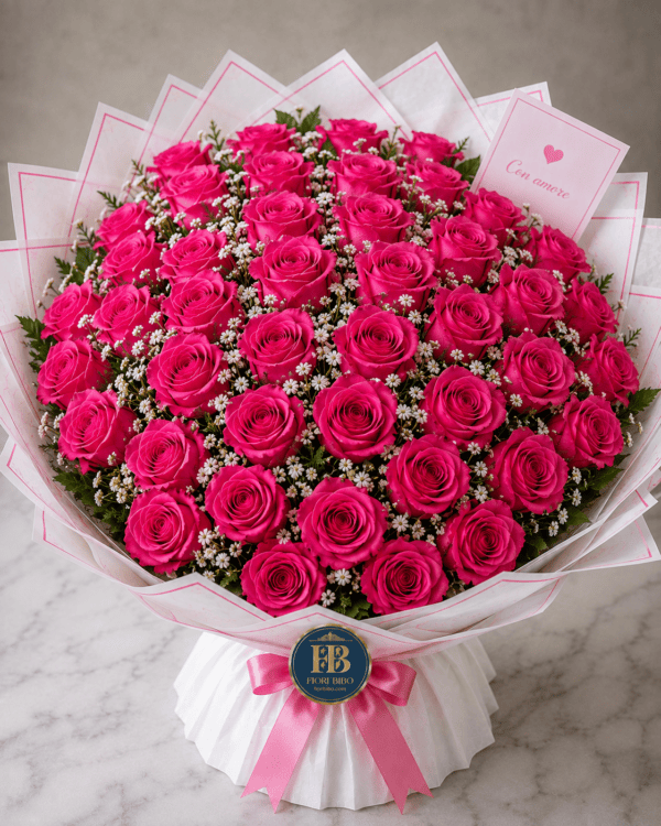 Bouquet "Fuxia Passion" – Rose Fuxia e Gypsophila – Fiori Bibo