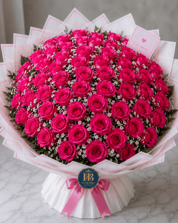 Bouquet "Fuxia Passion" – Rose Fuxia e Gypsophila – Fiori Bibo