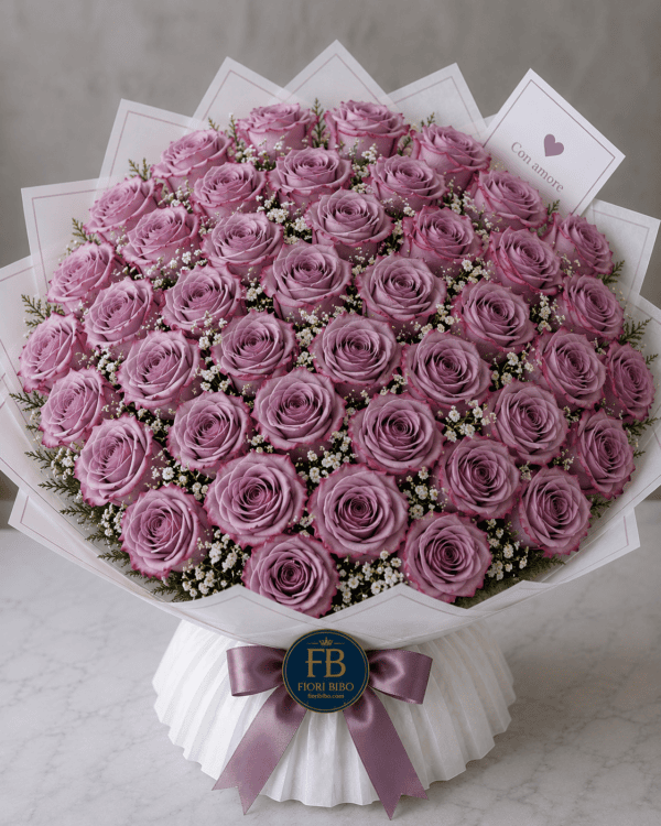 Bouquet "Velluto Malva" – Rose Malva e Gypsophila – Fiori Bibo