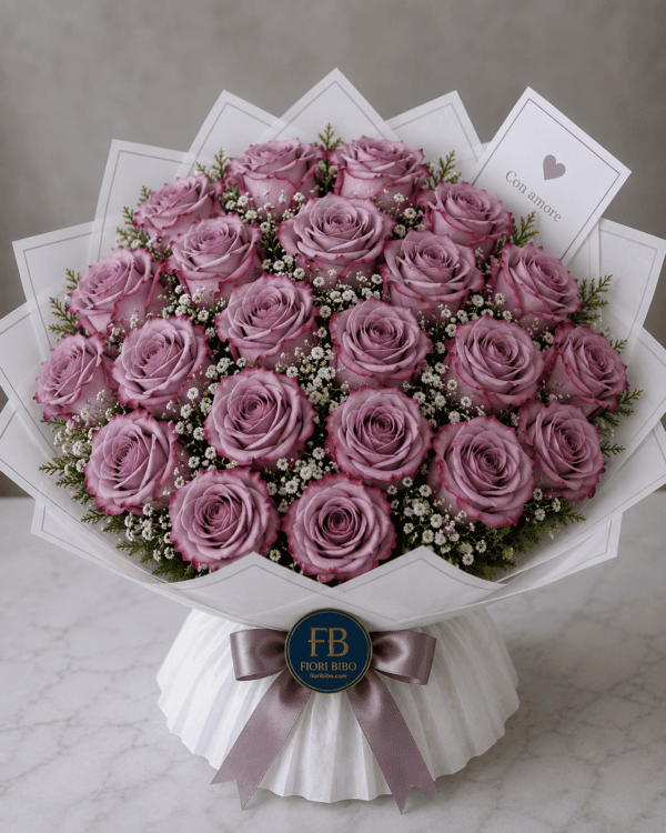 Bouquet "Velluto Malva" – Rose Malva e Gypsophila – Fiori Bibo