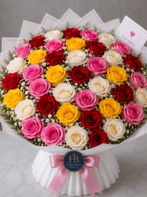 Bouquet Miste – Rose Miste Colorate e Gypsophila – Fiori Bibo