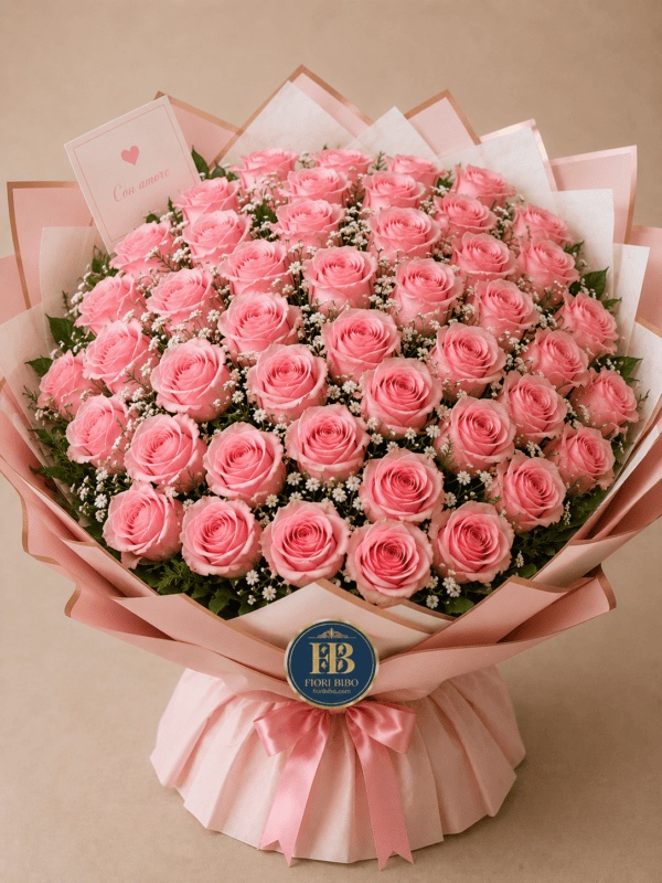 Bouquet "Rosa Tenerezza" – Rose Rosa Chiaro e Gypsophila – Fiori Bibo