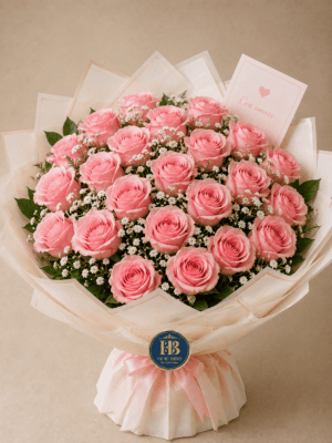 Bouquet "Rosa Tenerezza" – Rose Rosa Chiaro e Gypsophila – Fiori Bibo