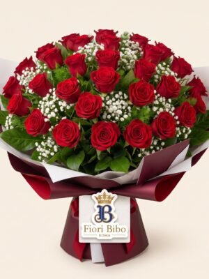 Bouquet "Rosso Eterno" – Rose Rosse e Gypsophila – Fiori Bibo