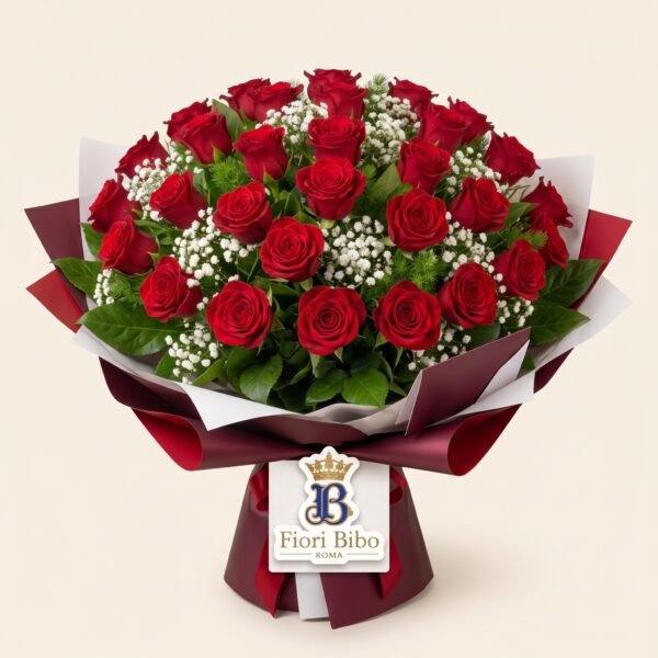 Bouquet "Rosso Eterno" – Rose Rosse e Gypsophila – Fiori Bibo