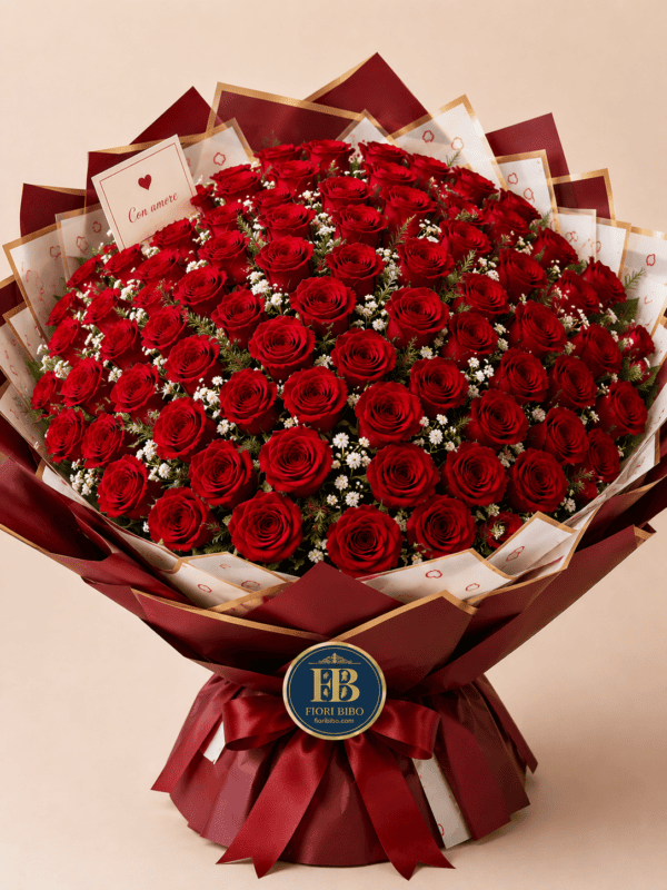 Bouquet "Rosso Eterno" – Rose Rosse e Gypsophila – Fiori Bibo