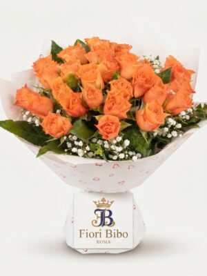 Bouquet "Arancio di Roma" con Rose Arancioni e Gypsophila – Fiori Bibo