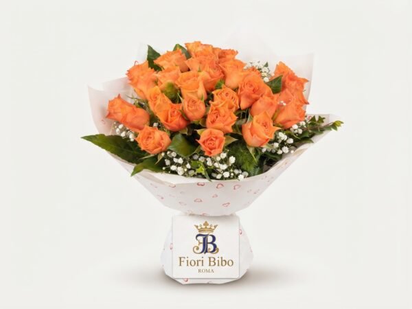 Bouquet "Arancio di Roma" con Rose Arancioni e Gypsophila – Fiori Bibo