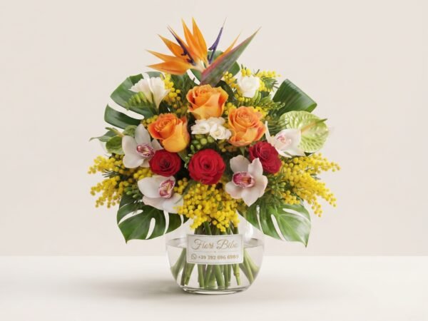 Bouquet Esotico di Lusso con Uccello del Paradiso e Orchidee