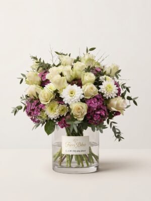 Bouquet Sofisticato Bianco e Viola in Vaso