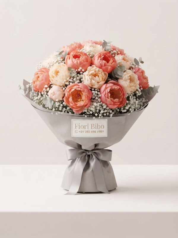 Grande Bouquet di Lusso di Pioni Corallo e Crema