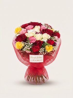 Bouquet Misto Multicolore di Rose con Confezione Rossa
