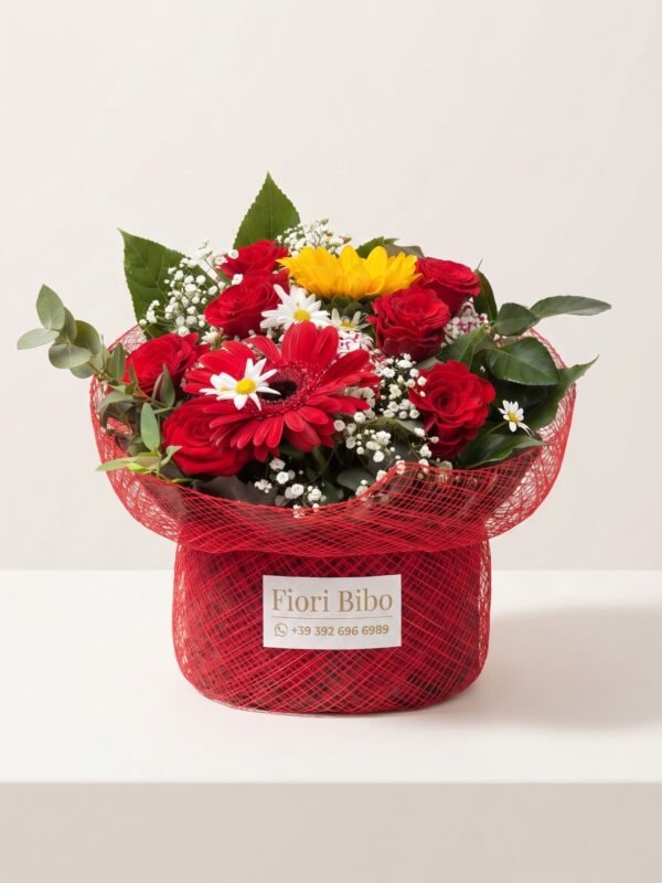 Composizione Passionale con Rose Rosse e Girasole