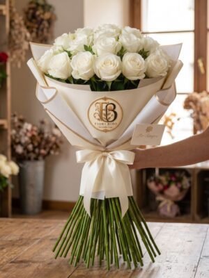 Bouquet "Bianco Maestoso" – Rose Bianche a Cupola e Stelo Lungo – Fiori Bibo
