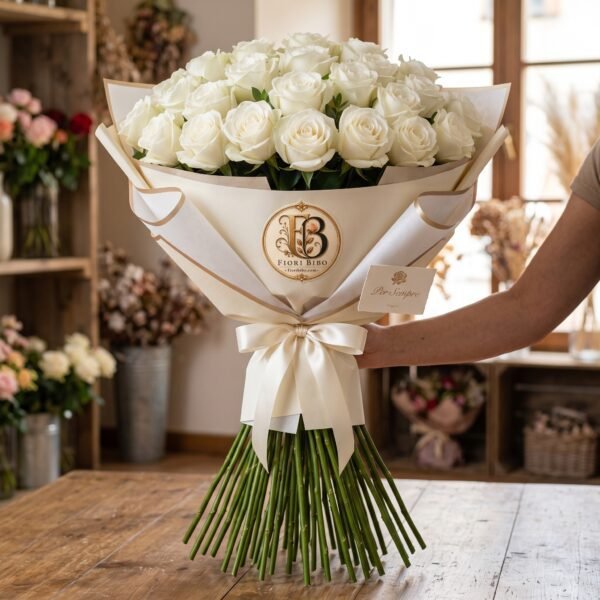 Bouquet "Bianco Maestoso" – Rose Bianche a Cupola e Stelo Lungo – Fiori Bibo