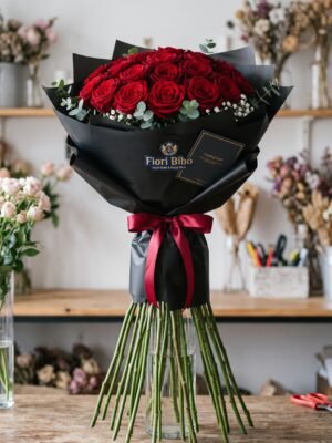 Bouquet "Rosso Imperiale" – Rose Rosse a Cupola e Incarto Nero – Fiori Bibo