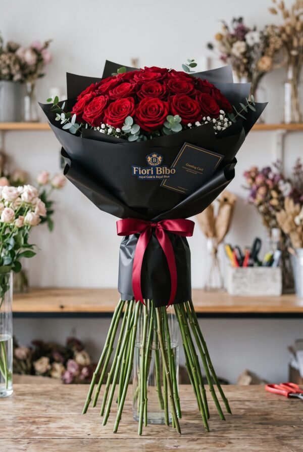 Bouquet "Rosso Imperiale" – Rose Rosse a Cupola e Incarto Nero – Fiori Bibo