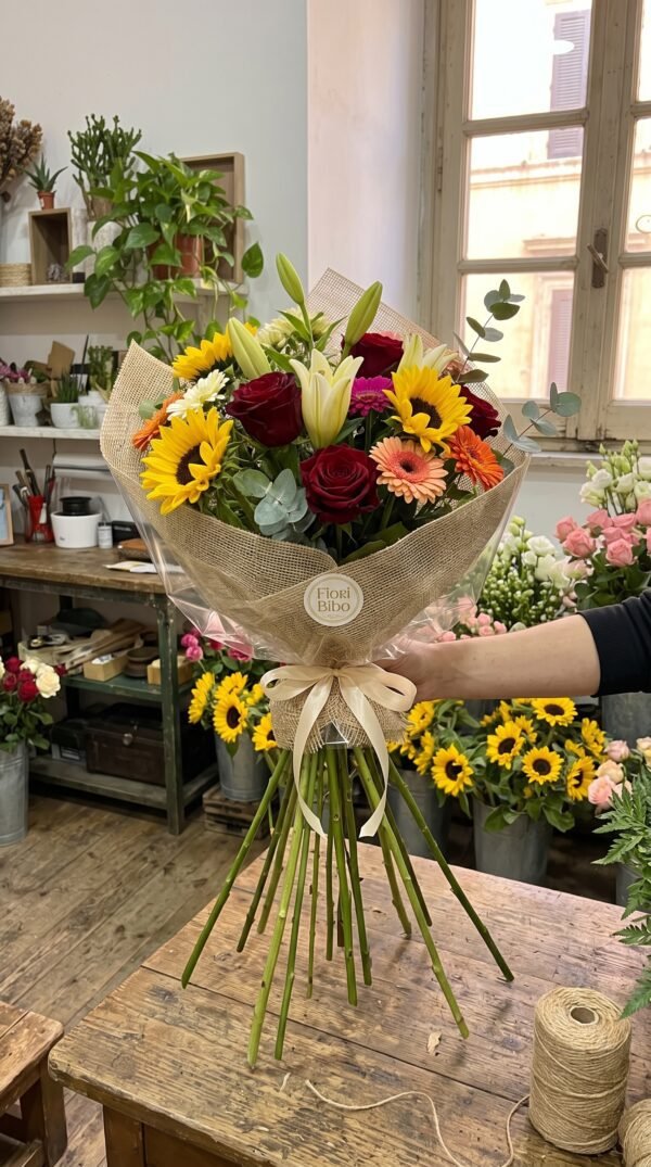 Mazzo "Arcobaleno Radioso" – Fiori Misti a Stelo Lungo – Fiori Bibo
