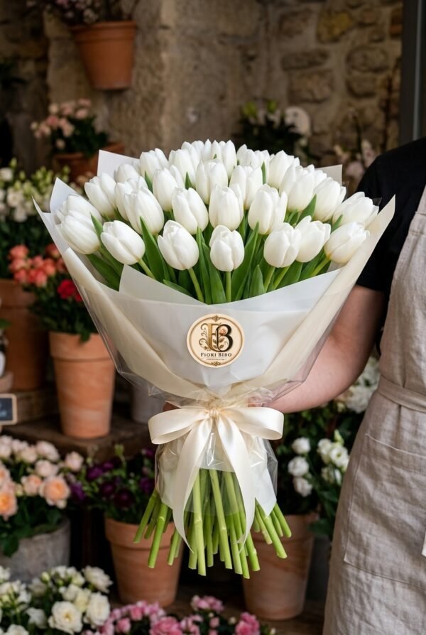 Bouquet "Tulipani Bianchi Reale" – Tulipani Freschi a Cupola – Fiori Bibo